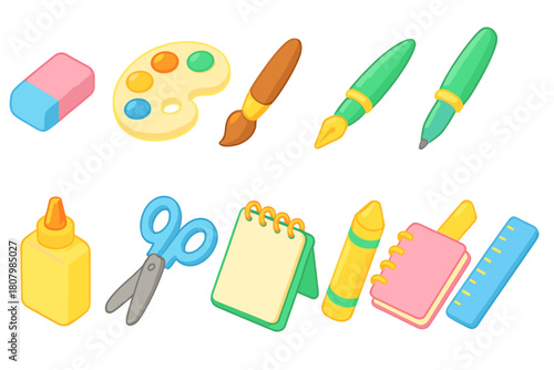 Education, school supplies icon set. 3D art and stationary icons vibrant collection