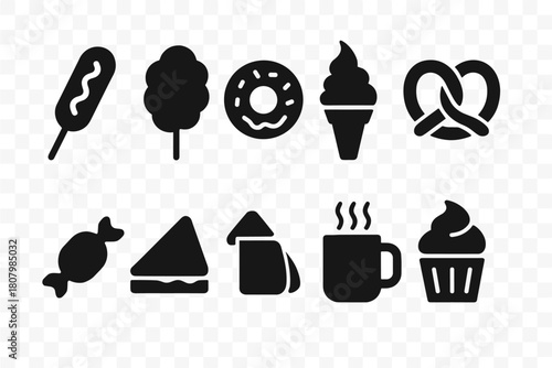 Food and drink solid icon set. Snack, sweets, beverages solid icon collection