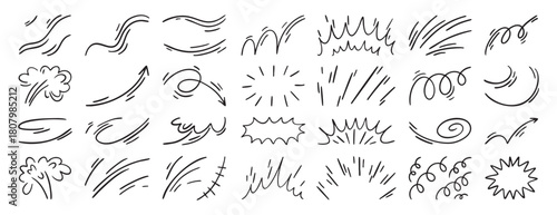 Expression and movement elements. Hand drawn emotion line, effects. Abstract hitting, jumping animation. Doodle curves, swirl, shape, motion. Vector set. Isolated puff and curved.