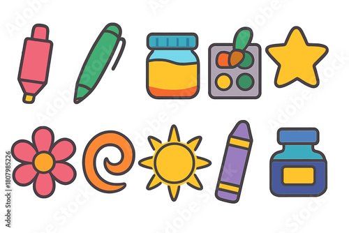 Art supplies flat icon set. Creative tools and stationery flat icons collection