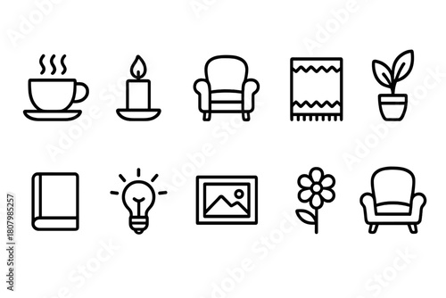 Home and living outline icon set. Cozy furniture, decor, plant, lamp line art icons.