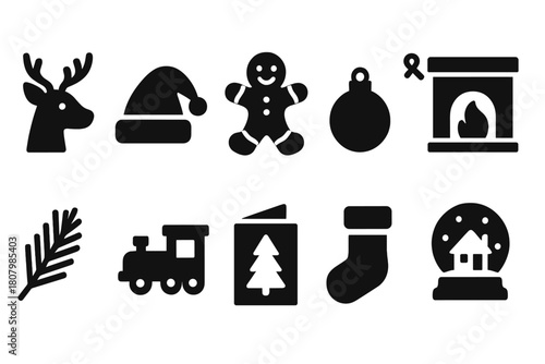 Christmas, holiday solid icon set. Festive, winter icons with reindeer, santa hat, fireplace