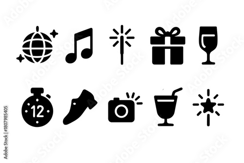 Party and celebration silhouette icon set. Festive, event, and entertainment silhouettes