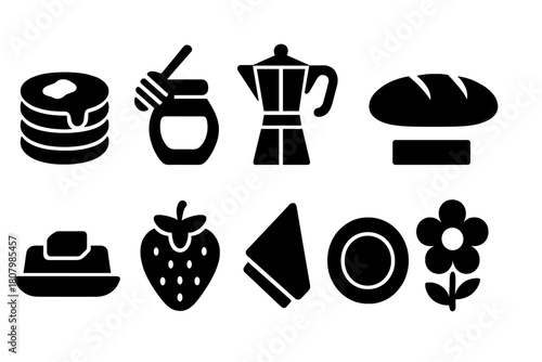Breakfast and kitchen solid icon set. Food and cooking essentials silhouette collection
