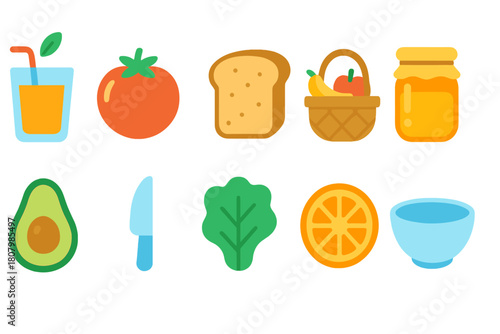 Food and drink flat icon set. Fresh produce, kitchen essentials, flat icon collection