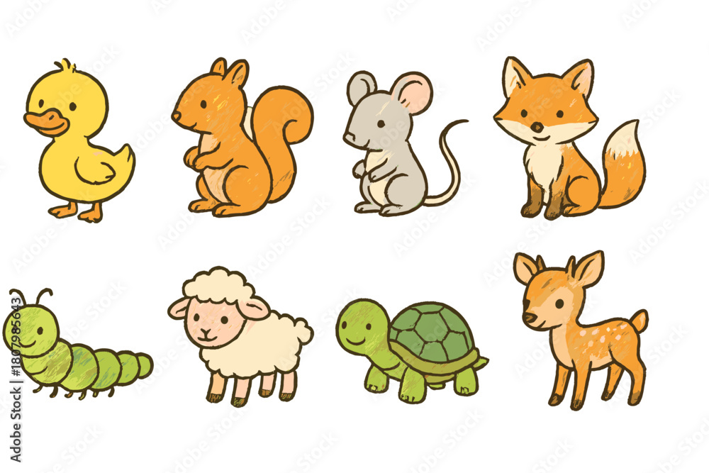 Obraz premium Animal cartoon icon set. Cute animal characters in child's drawing style