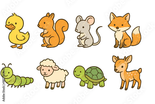 Animal cartoon icon set. Cute animal characters in child's drawing style
