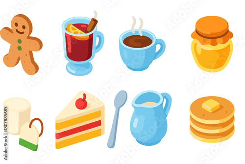 Food and drink 3d icon set. Café, bakery, sweets, beverages, dessert icons collection.