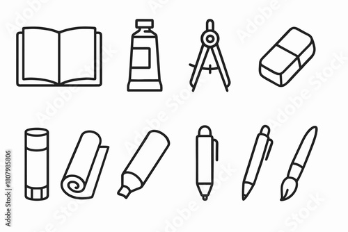 School supplies outline icon set. Stationery, education, study tools linear collection