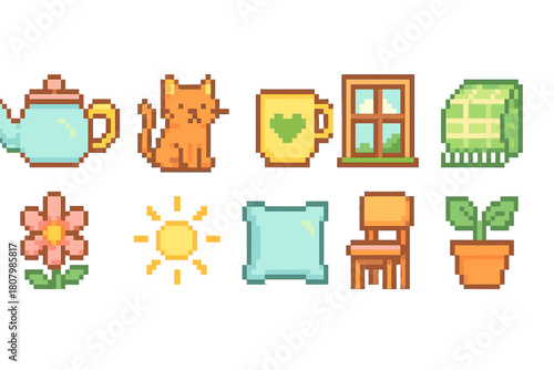 Pixel art icon set. Home and garden essentials in charming pixel style.