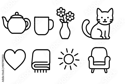 Home and leisure outline icon set. Cozy living, relaxation, and comfort icons collection