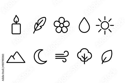 Nature and elements outline icon set. Tree, leaf, sun, moon, day, night, weather icons