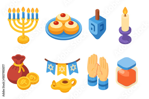 Hanukkah isometric icon set. Festival, celebration, holiday, jewish tradition icons.