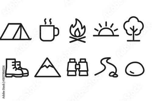 Camping adventure line icon set for outdoor exploration and nature enthusiasts