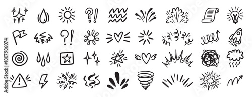 Comic effect icon set, manga doodle elements collection. Retro anime movement, exclamation and emphasis expressions. Doodle emotion of character in comic style