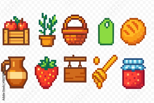 Food and farming pixel icon set. Harvest, agriculture, pixel art icons collection