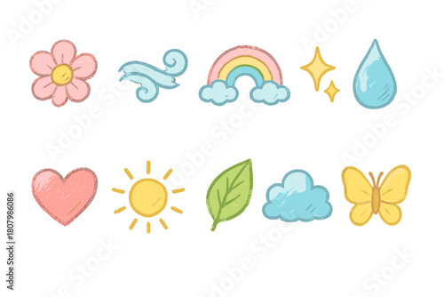 Nature, weather chalk icon set. Cute, colorful chalk doodles icon collection