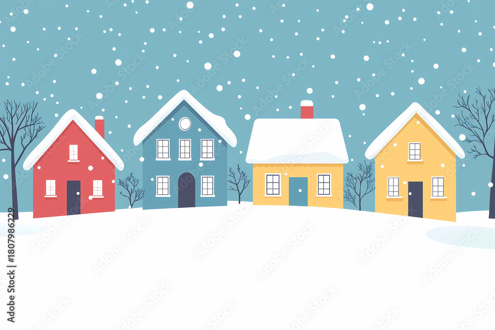 Fototapeta premium Minimal flat design snowy Christmas town with colorful buildings and clean composition