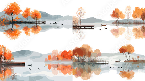 Serene autumn lake landscape with vibrant trees mountains boats and calm reflections. Peaceful watercolor scenery perfect for seasonal design backgrounds and nature inspired artwork.