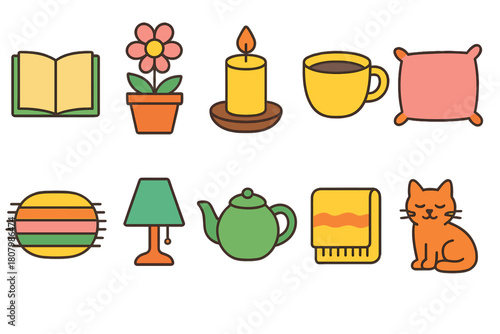 Cozy home outline icon set. Candle, book, and coffee icons in soft colors.