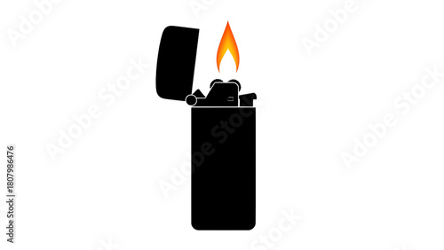 Vector illustration of black silhouette of a classic lighter with an orange flame, isolated on transparent background 