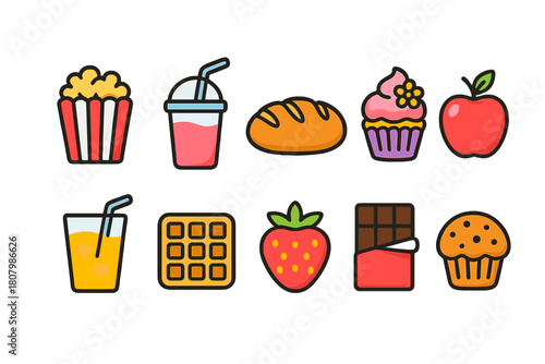 Food and drink flat icon set. Snacks, beverages, desserts graphic collection
