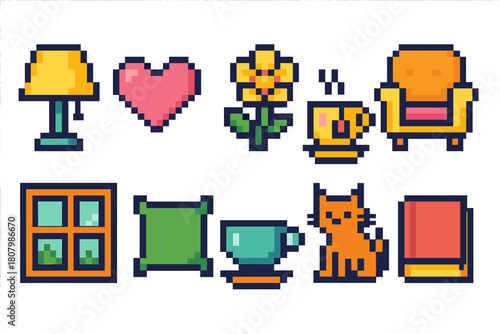 Home and lifestyle icon set. Cozy pixel art icons for living space in 3d style
