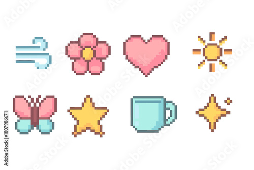 Retro pixelated icon set for web design. Vintage, pixel style 8-bit icons collection.