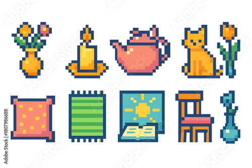 Pixel art icon set. Home, decor, daily objects in pixel art illustration collection