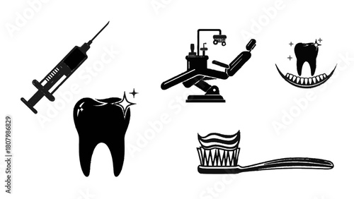 Vector illustration of dental care and hygiene icons set with syringe, tooth, chair, and toothbrush, isolated on transparent background 