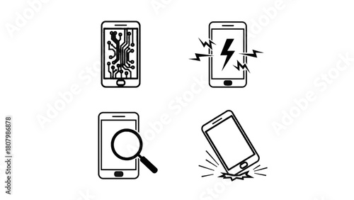 Vector illustration of set of smartphone icons showing repair, charging, search, and damage isolated on transparent background 