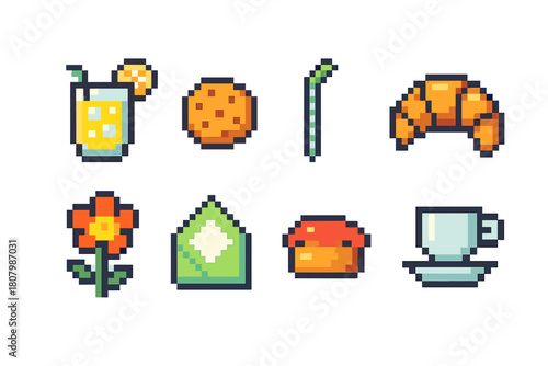 Pixel art food and drink icon set. Cute pixelated snack illustrations in 3d style.