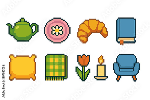 Cozy home flat icon set. Comfort, relaxation essentials flat icons collection.