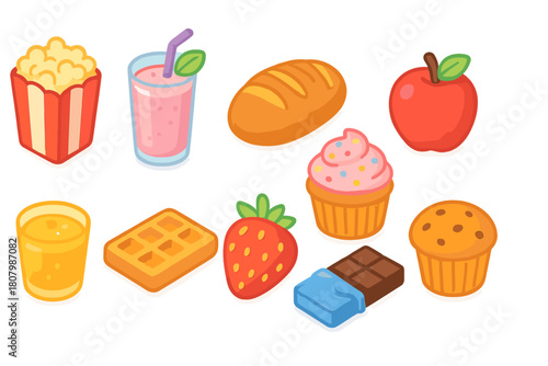 Food and drink flat icon set. Snacks, beverages, and desserts icons collection