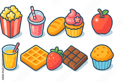 Food and drink flat icon set. Snack, beverage, dessert, fruit icons for menus and apps