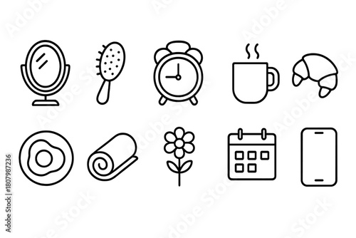 Daily routine outline icon set. Morning, lifestyle symbols collection, line style.