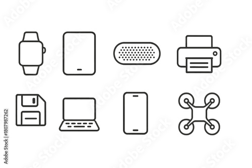 Technology and gadgets outline icon set. Devices, electronics, and accessories collection