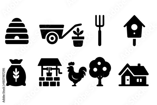 Farm, agriculture silhouette icon set. Farming, rural life silhouette icons collection