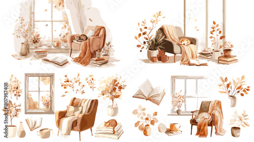 Cozy autumn interior illustration with soft chairs blankets books windows and falling leaves. Warm relaxing home scene featuring a sleeping cat perfect for seasonal design and hygge themed projects.