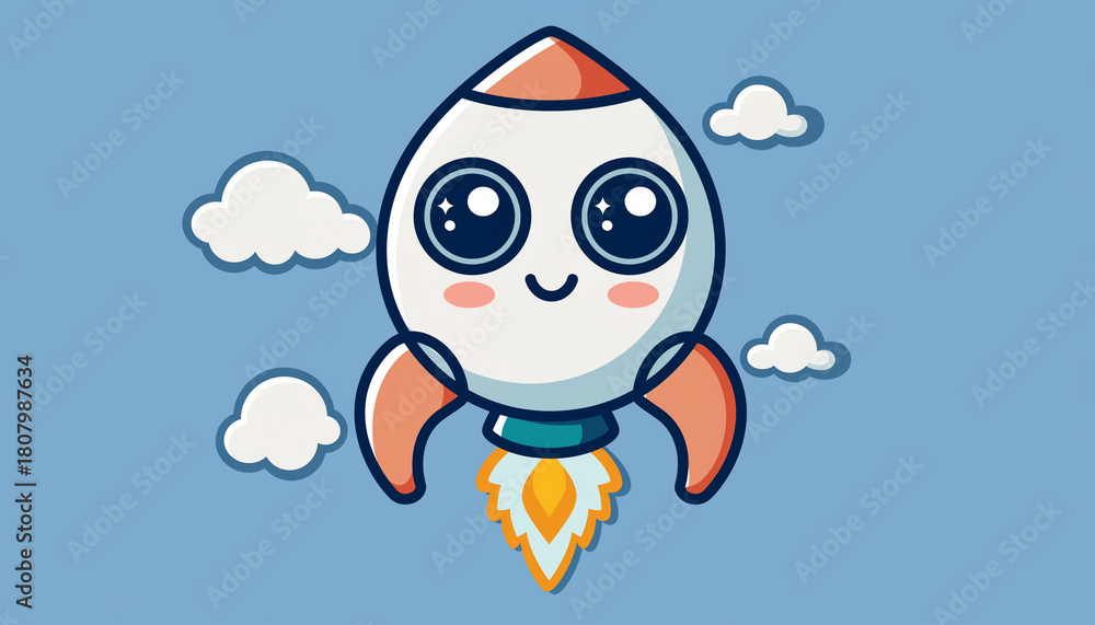 Fototapeta premium Cartoon rocket ship with big eyes and a smiling face, launching upwards through fluffy white clouds against a light blue sky.