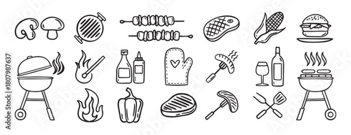 Barbecue grill party doodle hand drawn icon set. Outline drawing BBQ tools charcoal firewood and products line clipart symbol collection 