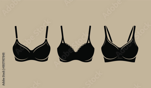 Women's Bra Vector Silhouettes Set, Push-Up, Lace, and T-Shirt Bra Outline Icons