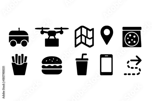 Delivery and food silhouette icon set for efficient online order management