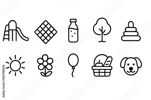 Playground and toys linear icon set: fun, outdoor, kids, leisure, nature icons outline collection
