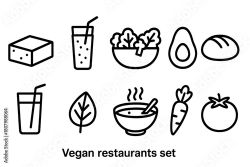 Vegan food outline icon set. Plant-based, healthy eating outline icons collection
