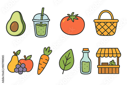 Farmers market flat icon set. Fresh fruits, vegetables, and produce icons collection