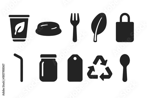 Eco-friendly, sustainable silhouette icon set: green living, recycle symbols collection