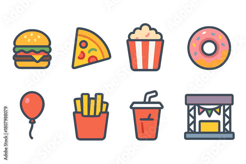 Food and drink flat icon set. Fast food, snacks, beverages outline collection.