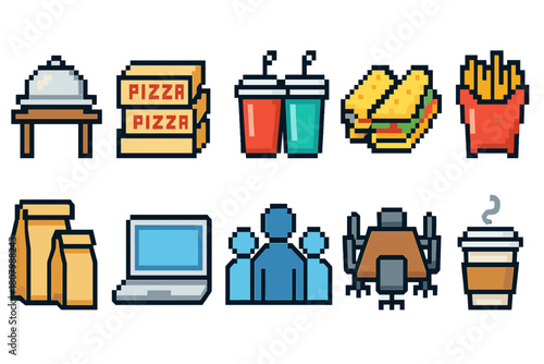 Pizza, fast food, outline icon set. Dining, meal, drink, snacks, delivery collection