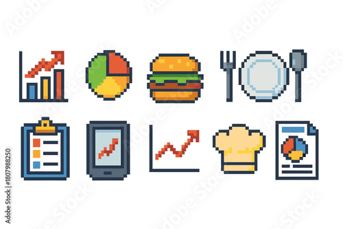 Pixel art food and business icon set. 8-Bit style outline graphics for versatile use.